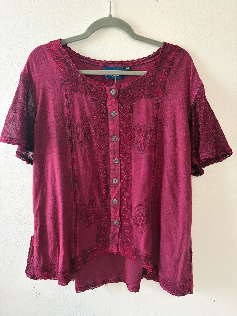 Celine Embroidered Button-Down Top in Berry
